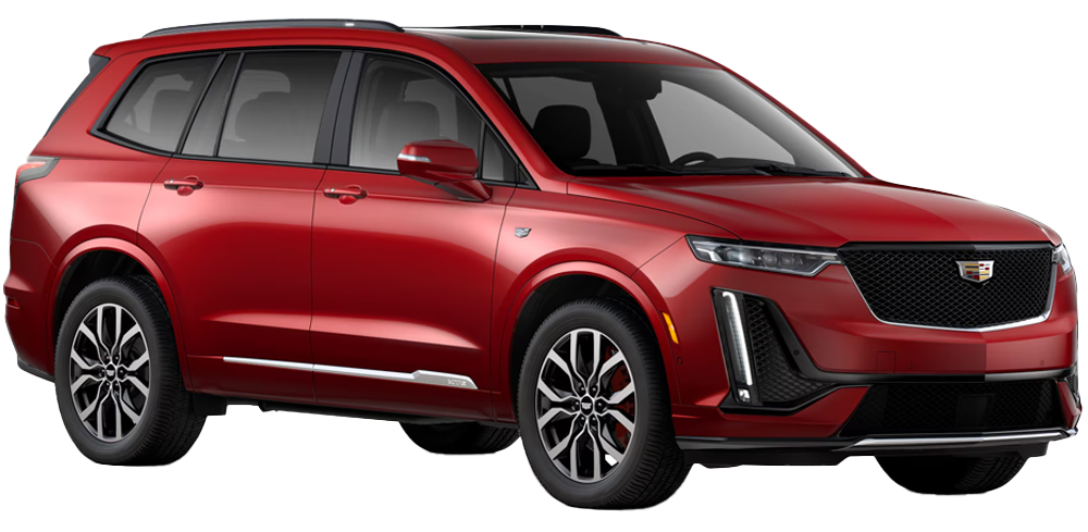 A shiny red 2025 Cadillac XT6 SUV with a modern design and stylish black wheels.