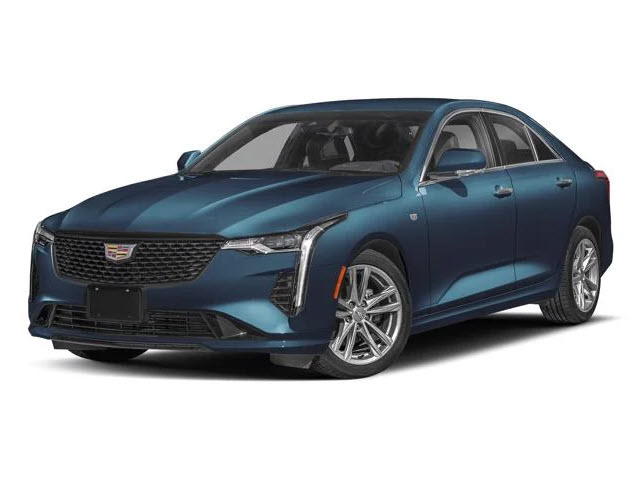 A blue 2025 Cadillac CT4 sedan with sleek design and shiny alloy wheels.